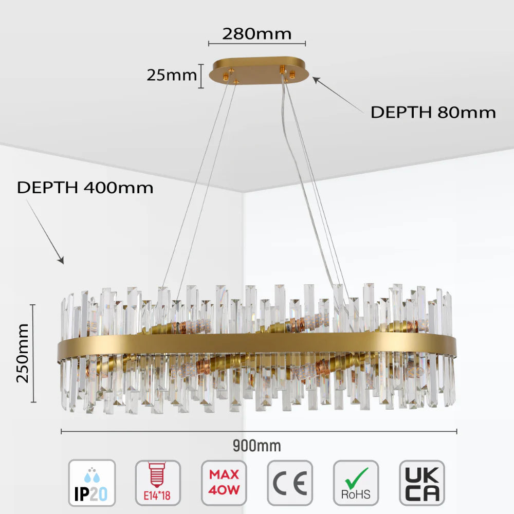 Size and specs of Coffin Crystal Gold Metal Island Chandelier L900 with 18xE14 Fitting | TEKLED 156-19562