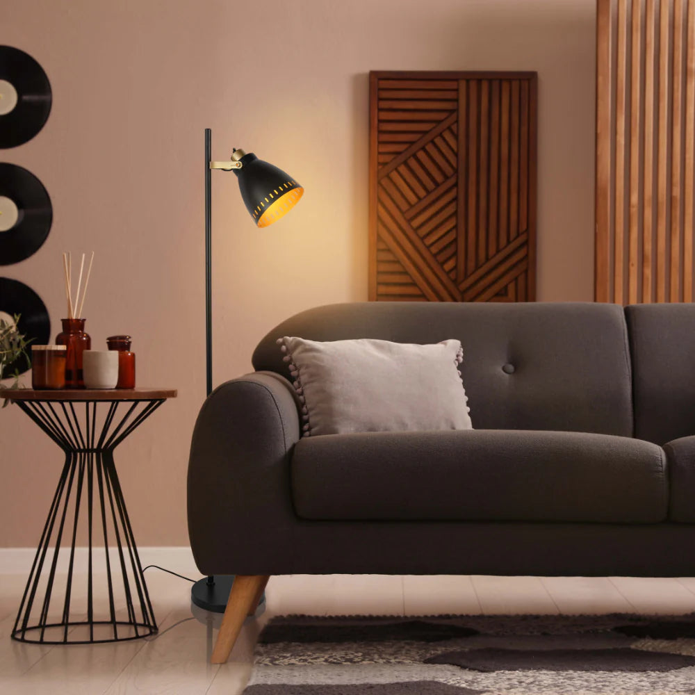 Cone-Shaded Floor Lamp with Gold Detailing & Decorative Shade - Versatile Colours