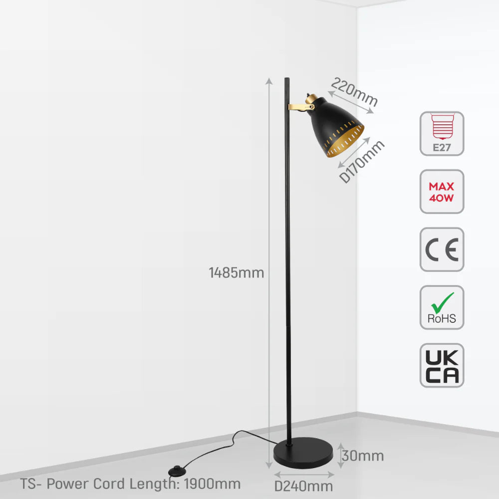 Cone-Shaded Floor Lamp with Gold Detailing & Decorative Shade - Versatile Colours
