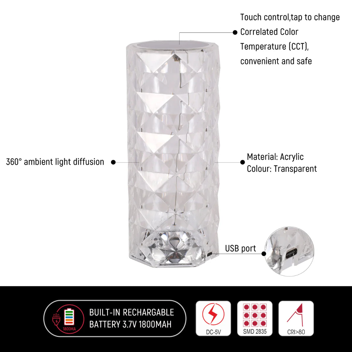 Close shots of Crystal Beam Rechargeable Cylinder Lamp 130-03718