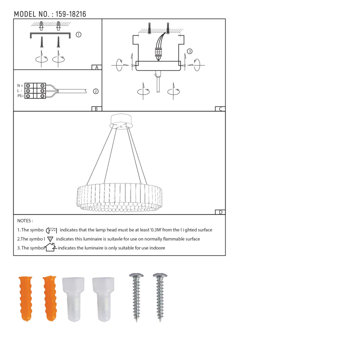 Technical specs of Crystal Gold Pendant Chandelier Light with Remote Control 159-18216