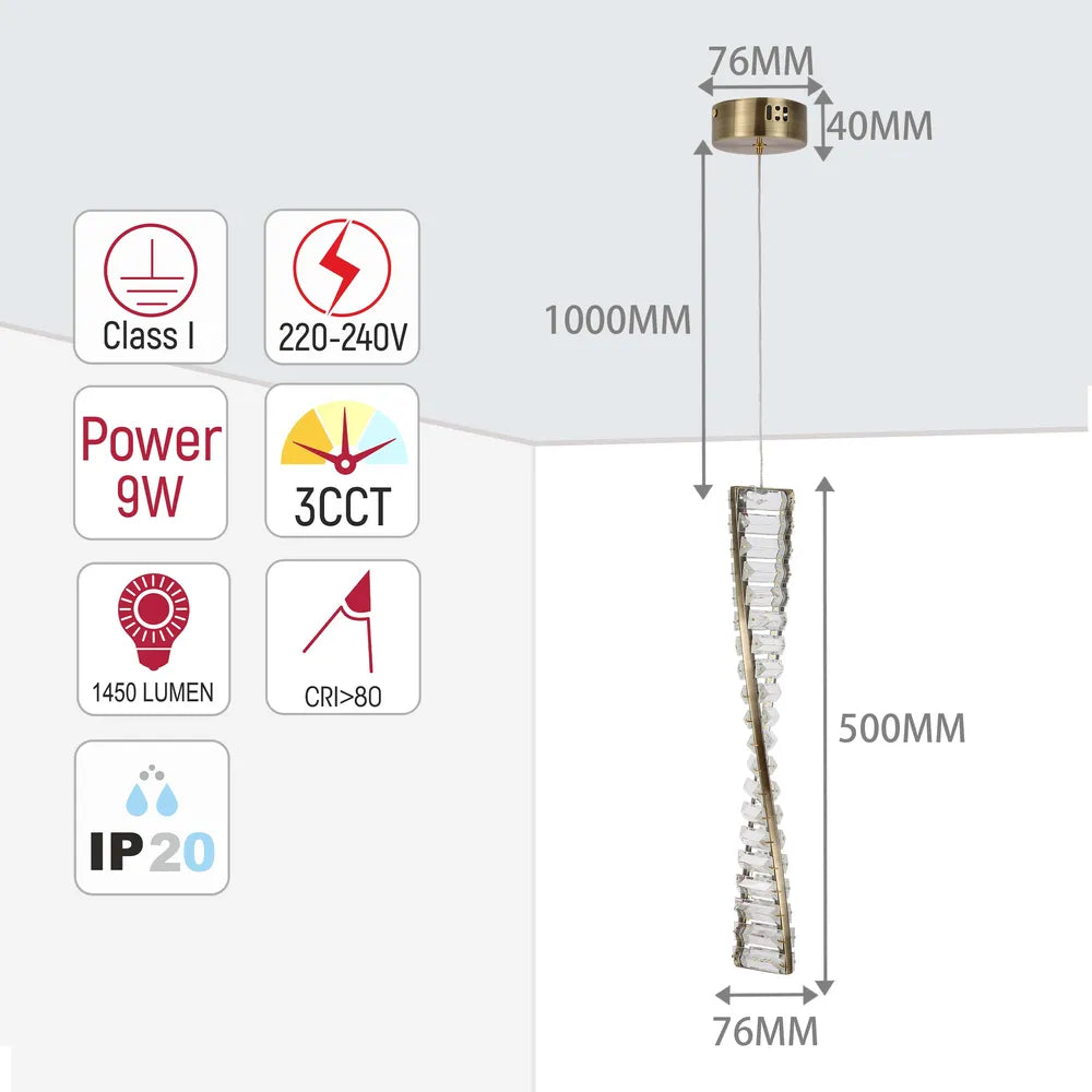 Size and technical specs of the Crystal LED Pendant Lamp Antique Brass 9W 3CCT (TEKLED) -159-18162-159-18162