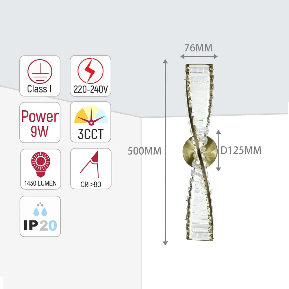 Size and technical specs of the Crystal LED Wall Lamp Antique Brass 9W 3CCT (TEKLED) -151-19320-151-19320