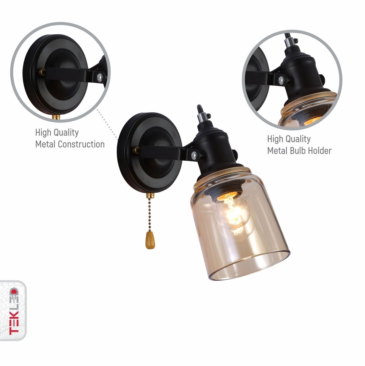 Features of amber glass cone wall light e27 and pull down switch