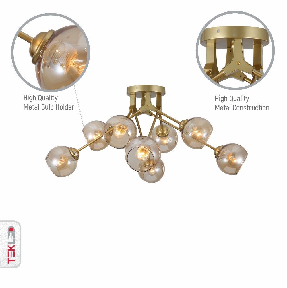 Features of amber glass dome gold aluminium bronze wishbone semi flush ceiling light 8xe27