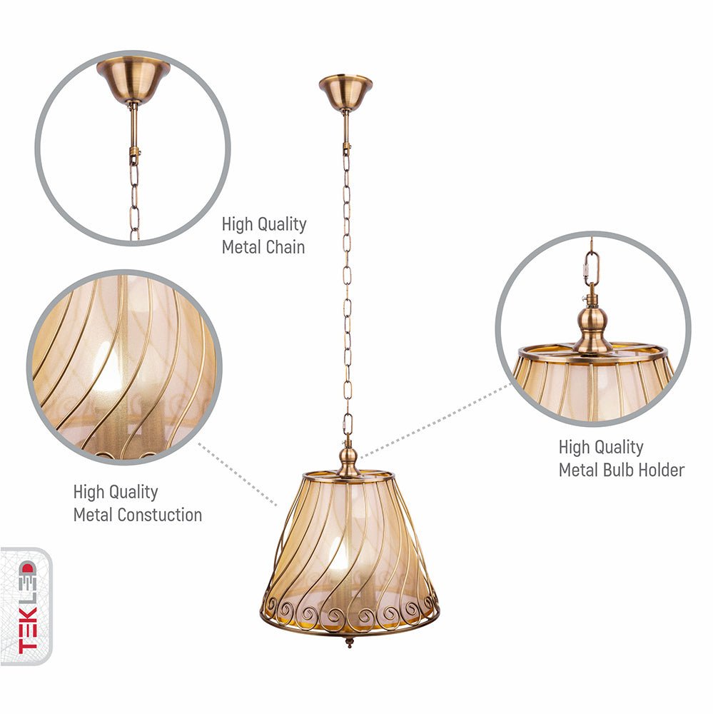 Features of antique brass caged frustum pendant light 3xe14