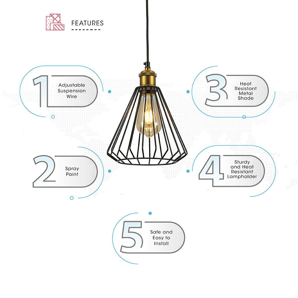 Features of black metal caged funnel pendant light with e27 fitting