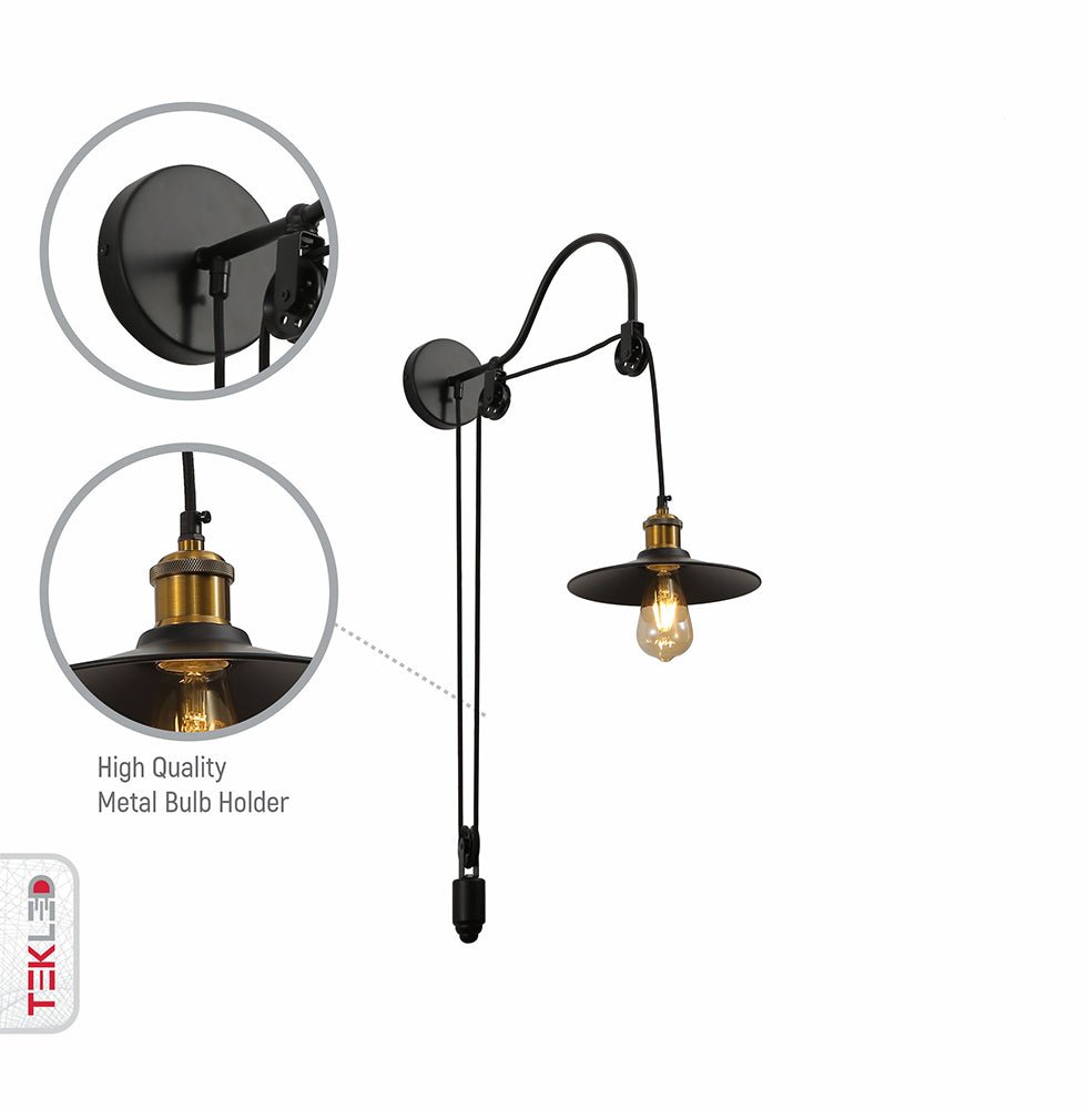 Features of black metal funnel pulley wall light e27