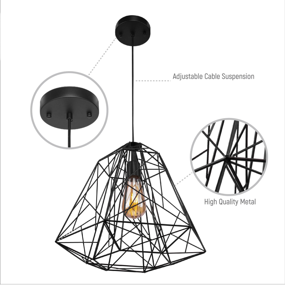 Close up shots of Black Wire Cage Pendant Ceiling Light with E27 | TEKLED 150-18087