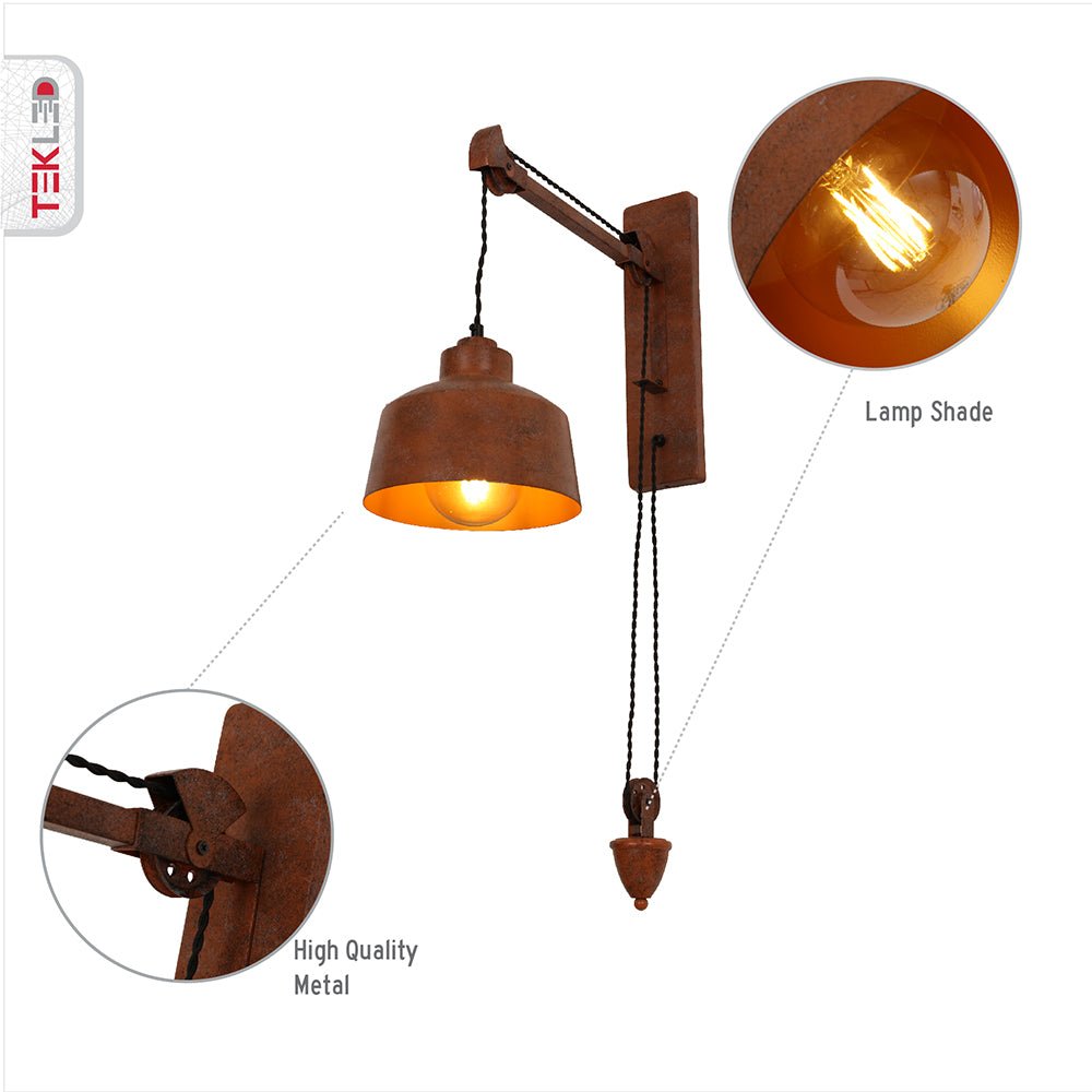 Features of old brown metal pulley step wall light e27