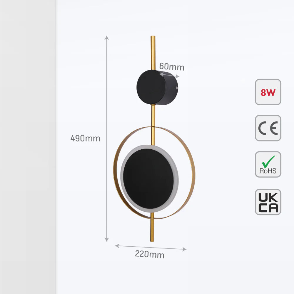 Designer Geometric Black Moon in Gold Circle Modern LED Wall Light 3000K 8W