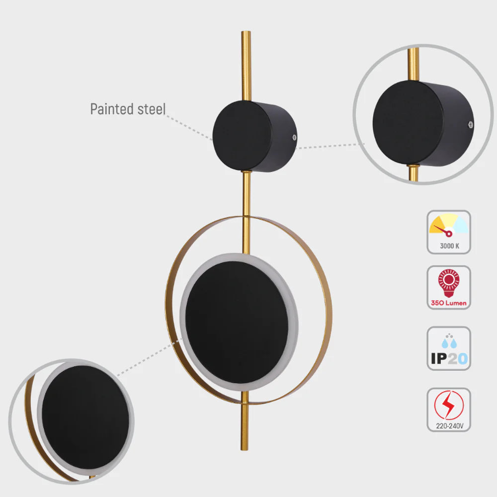 Designer Geometric Black Moon in Gold Circle Modern LED Wall Light 3000K 8W