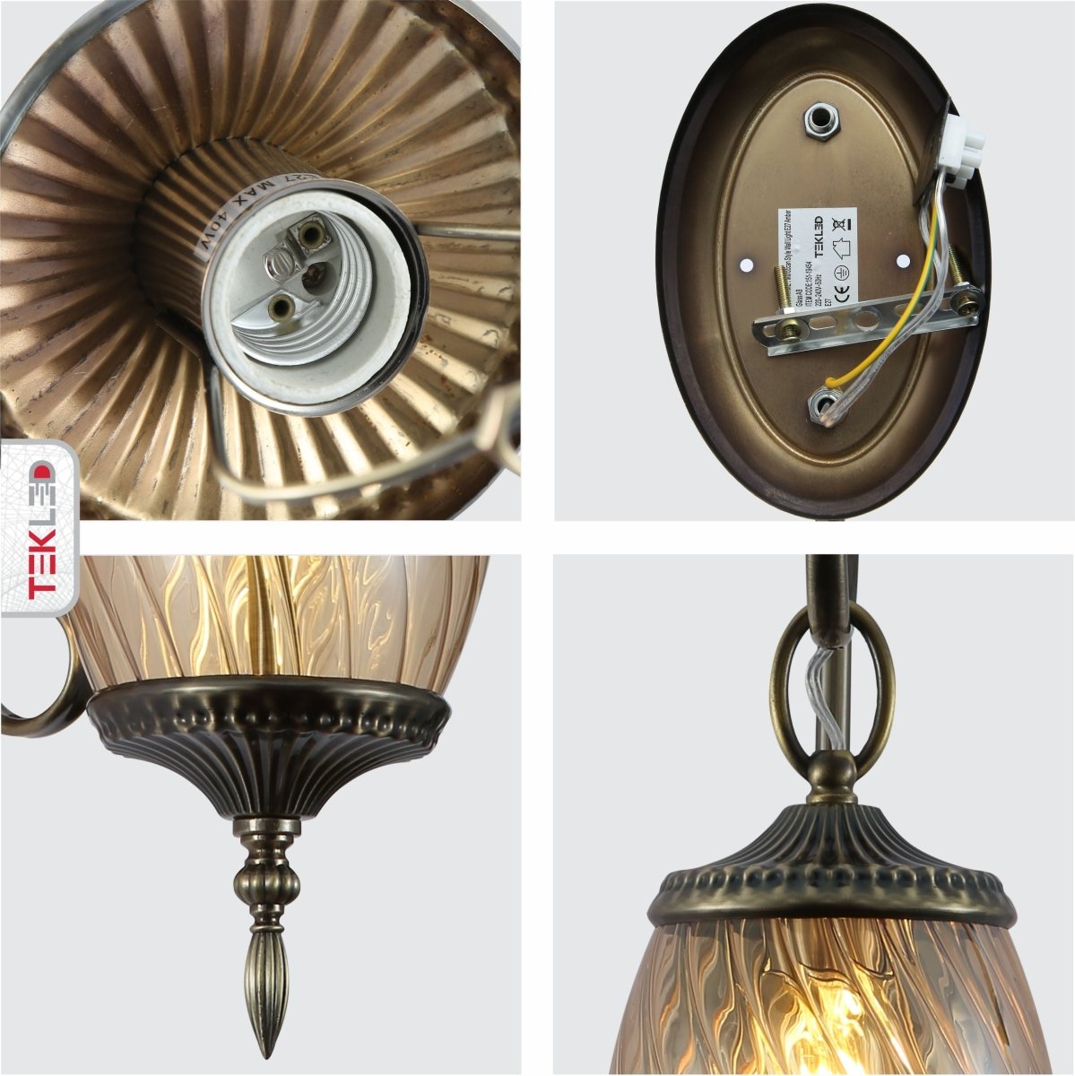 Detailed shots of Amber Glass Antique Bronze Metal Body Moroccan Style Wall Lamp with E27 Fitting | TEKLED 151-19454