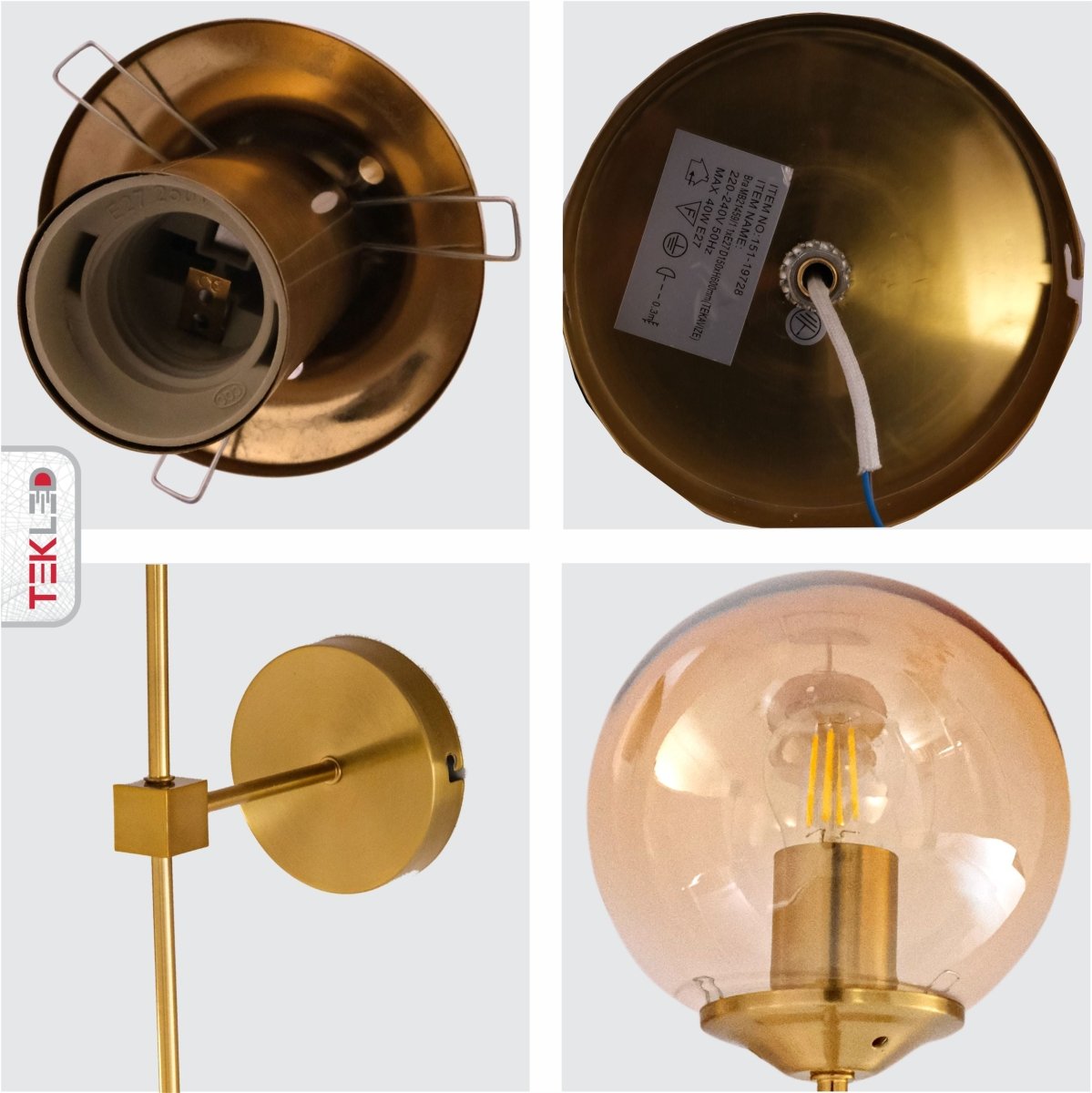 Detailed shots of Amber Glass Gold Metal Wall Light L with E27 Fitting | TEKLED 151-19728