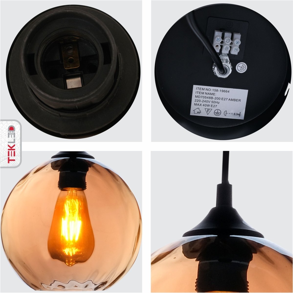 Detailed shots of Amber Gold Glass Pendant Light D200 with E27 Fitting | TEKLED 158-196640