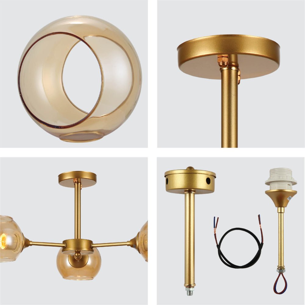 Detailed shots of Amber Sides Open Globe Glass Gold Semi Flush Ceiling Light E27 | TEKLED 159-17632