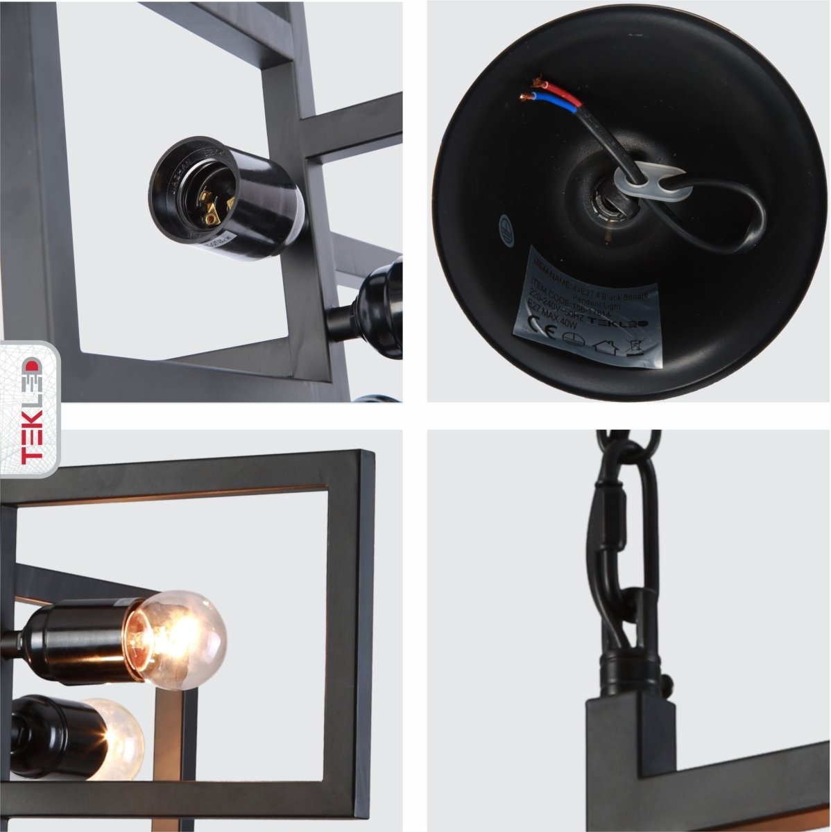 Detailed shots of Black 4 Rectangle Pendant Light L375 with 4xE27 Fitting | TEKLED 158-17914