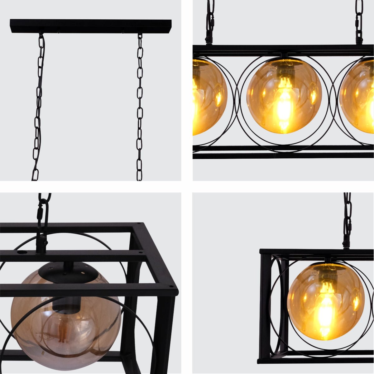 Detailed shots of Black Cuboid Metal Amber Globe Glass Island Chandelier Ceiling Light with 3xE27 | TEKLED 150-18080