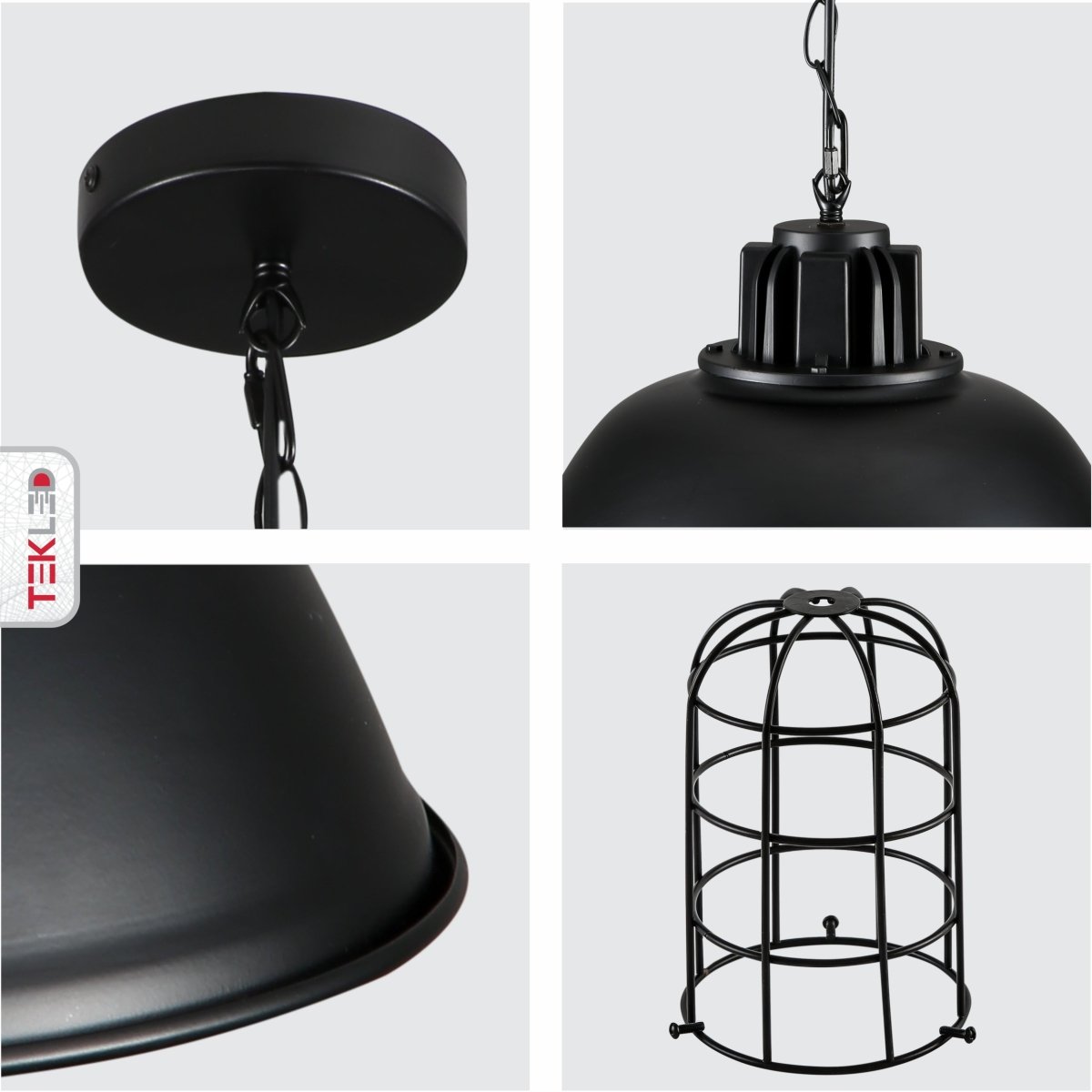 Detailed shots of Black Dome Caged Industrial Metal Ceiling Pendant Light with E27 Fitting | TEKLED 150-18352