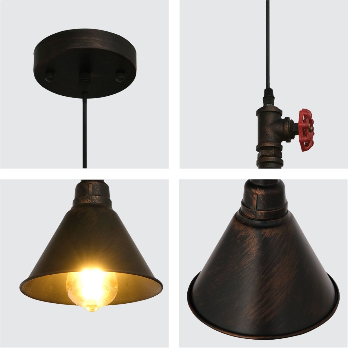 Detailed shots of Black Gules Metal Funnel Valve Pendant Ceiling Light Small with E27 | TEKLED 150-17940