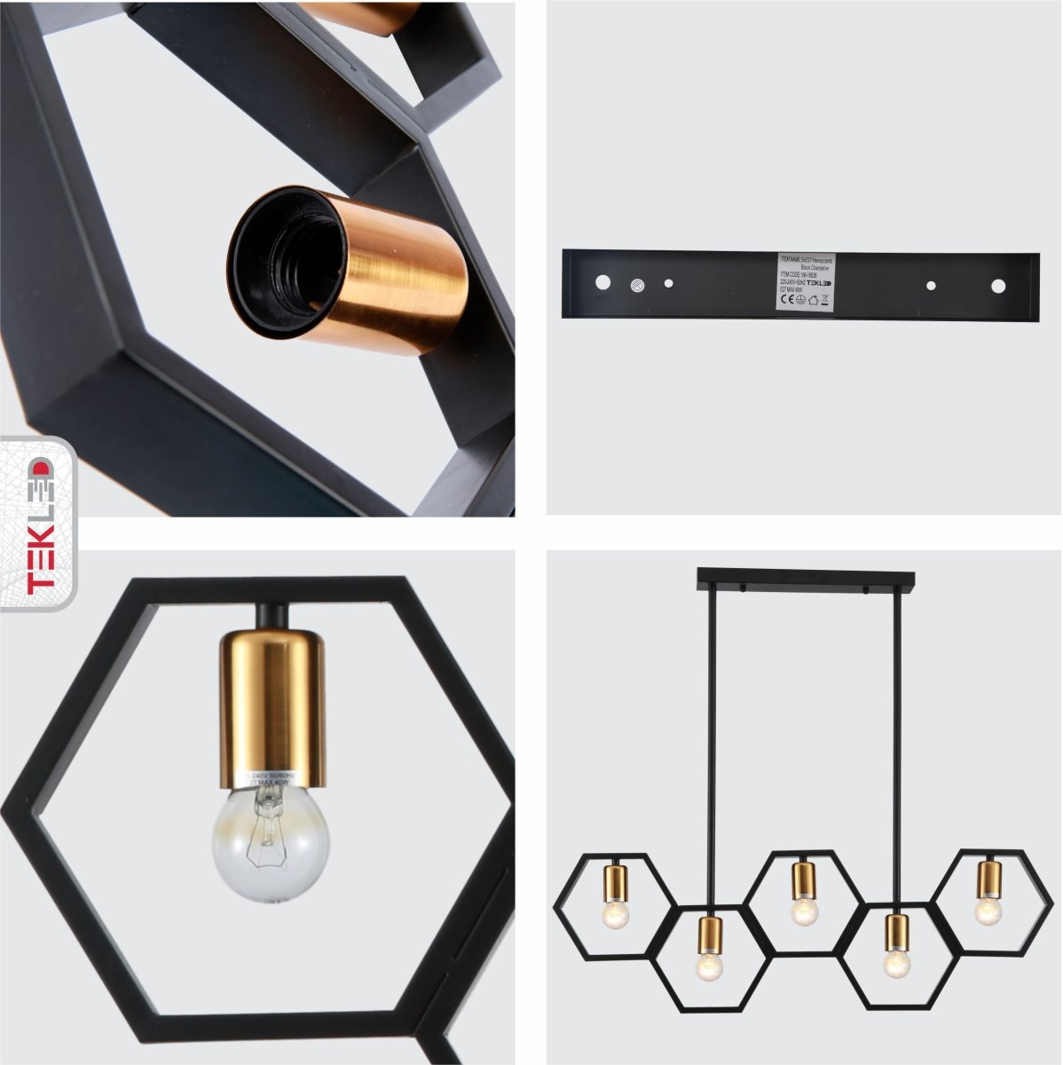 Detailed shots of Black Honeycomb Island Chandelier with 5xE27 Fitting | TEKLED 156-19536