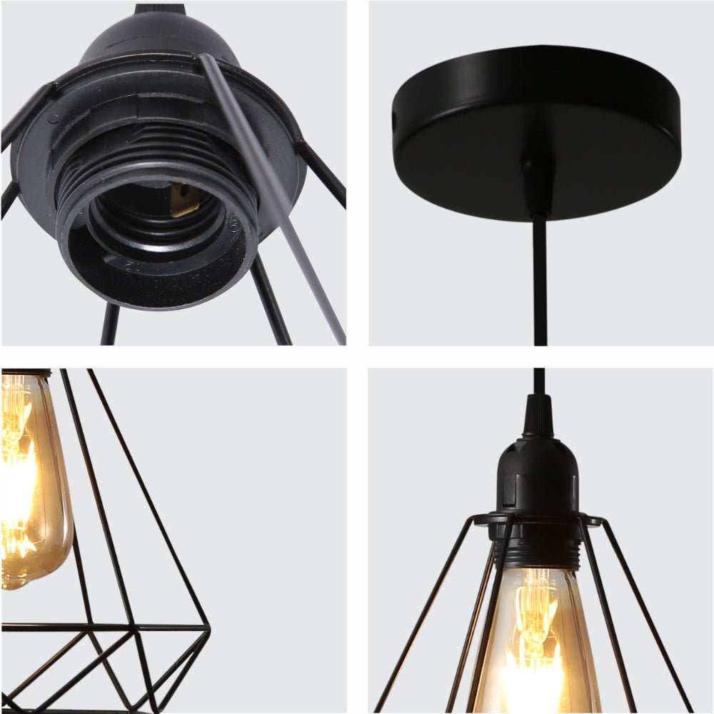 Detailed shots of Black Metal Diamond Caged Funnel Single or Triple Pendant Ceiling Light with E27 | TEKLED 150-17378