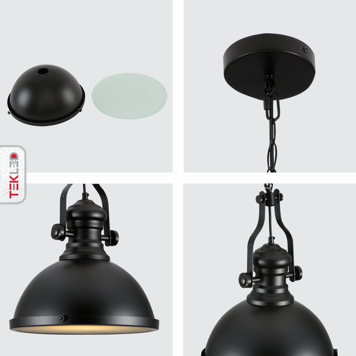 Detailed shots of Black Nautical Industrial Caged Dome Shade Glass Metal Ceiling Pendant Light with E27 Fitting  | TEKLED 150-18372