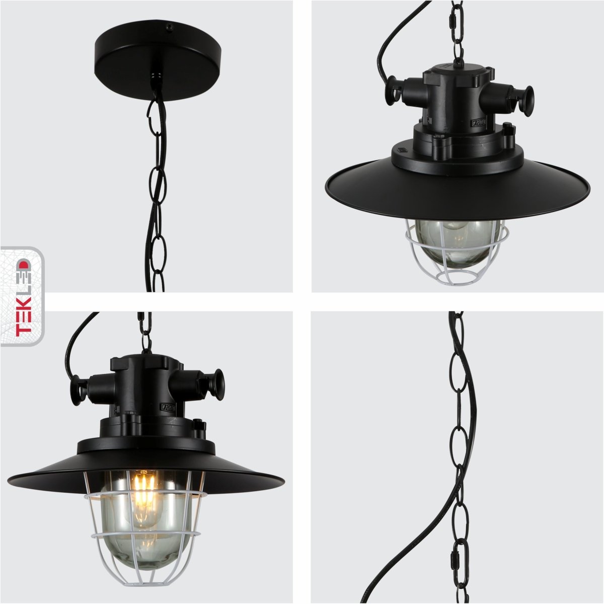 Detailed shots of Black Nautical Industrial Caged Flat Shade Glass Metal Ceiling Pendant Light with E27 Fitting  | TEKLED 150-18366