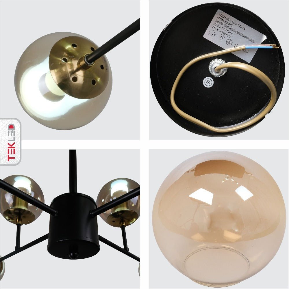 Detailed shots of Chandelier Stilnovo Amber Glass Black Body with 8xE27 Fitting | TEKLED 159-17324