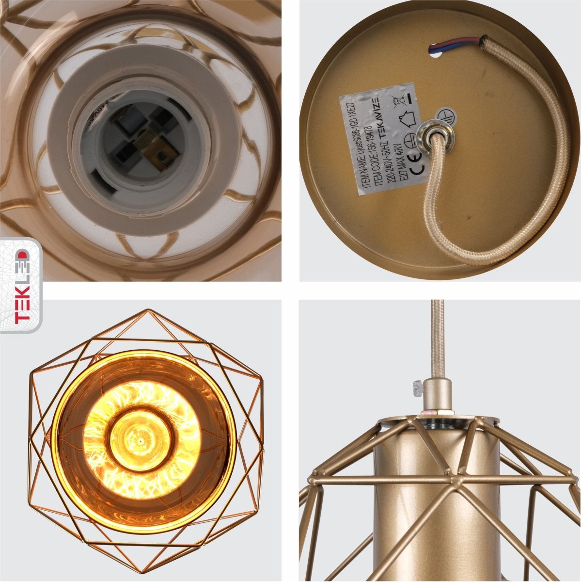 Detailed shots of Copper Glass Dome Gold Metal Cage Pendant Light with E27 Fitting | TEKLED 156-19478