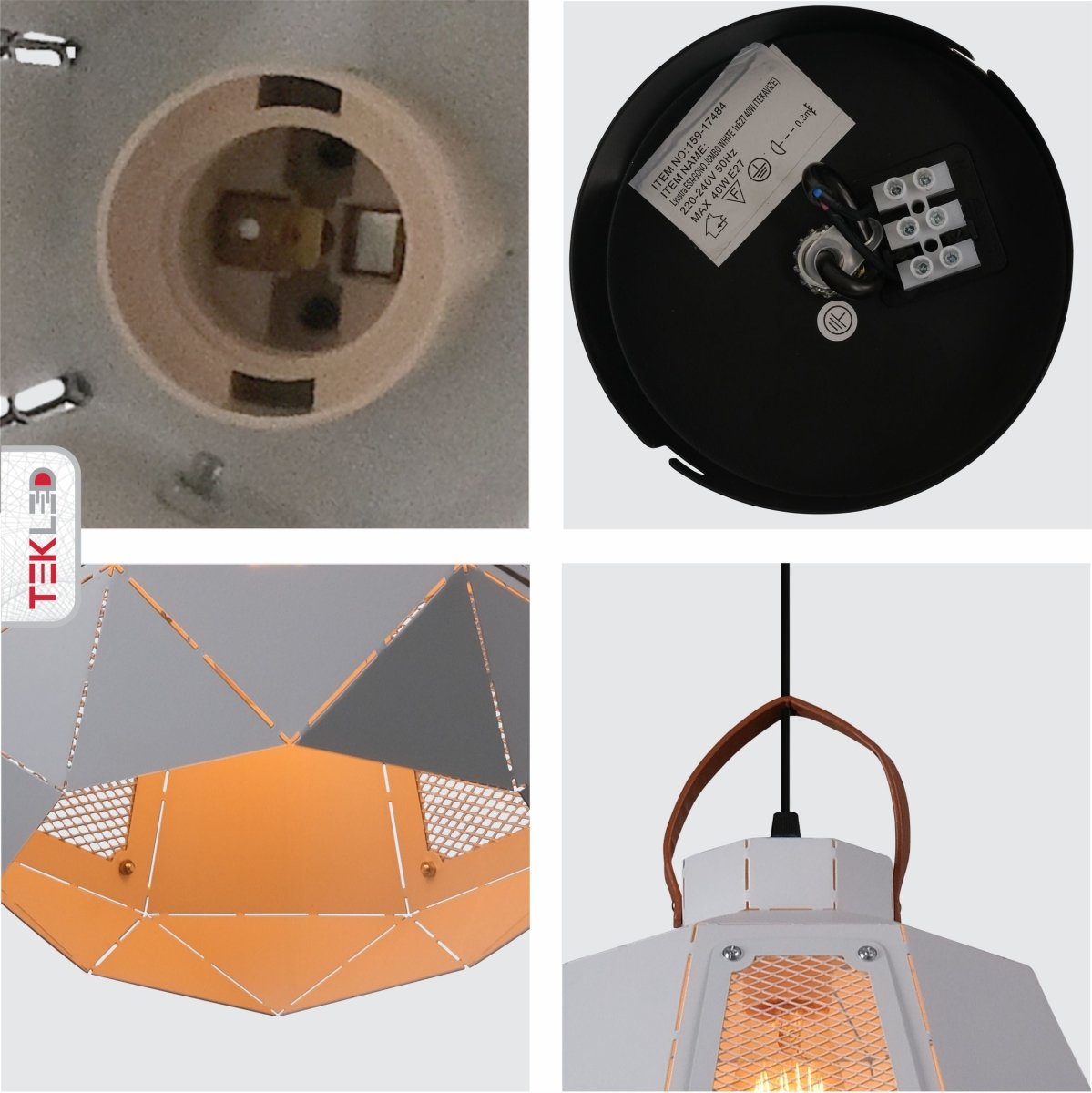 Detailed shots of Esagono Midi Lantern White Pendant Light with E27 Fitting | TEKLED 159-17484