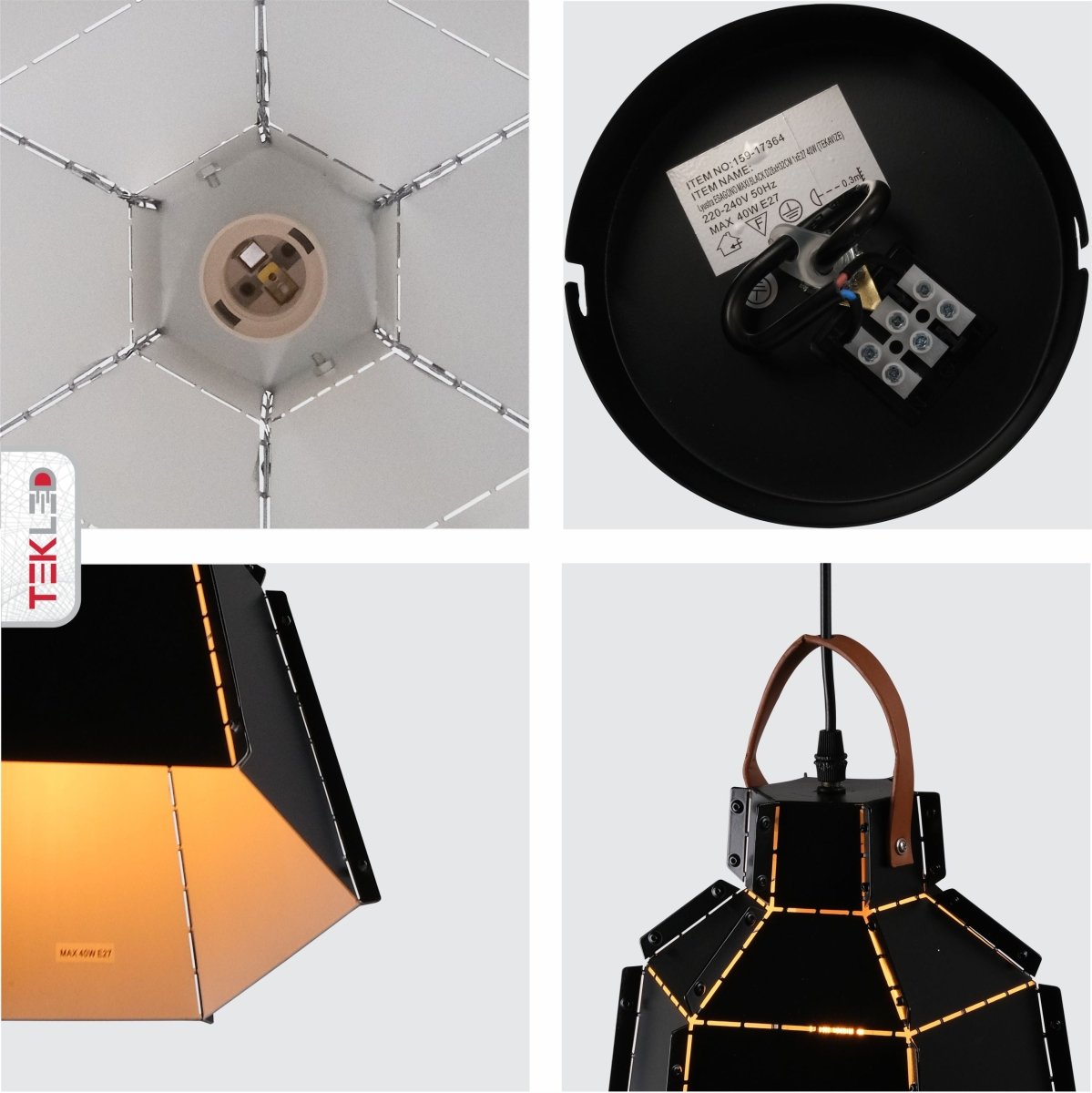 Detailed shots of Esagono Mini Black Metal Pendant Light with E27 Fitting | TEKLED 159-17364