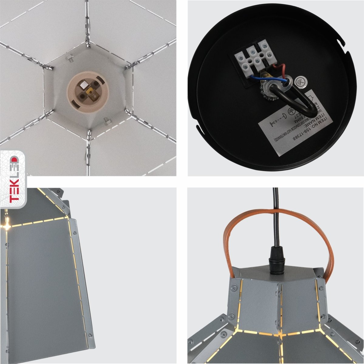 Detailed shots of Esagono Mini Grey Metal Pendant Light with E27 Fitting | TEKLED 159-17368