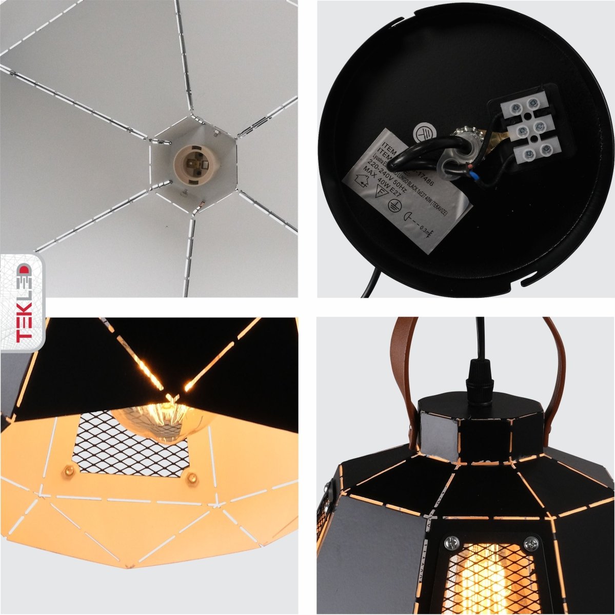 Detailed shots of Esagono Mini Lantern Black Pendant Light with E27 Fitting | TEKLED 159-17486