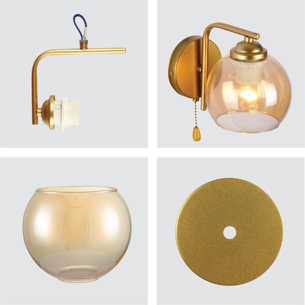 Detailed shots of Gold L shape Metal Amber Dome Glass Wall Light E27 with Pull Down Switch | TEKLED 151-19768