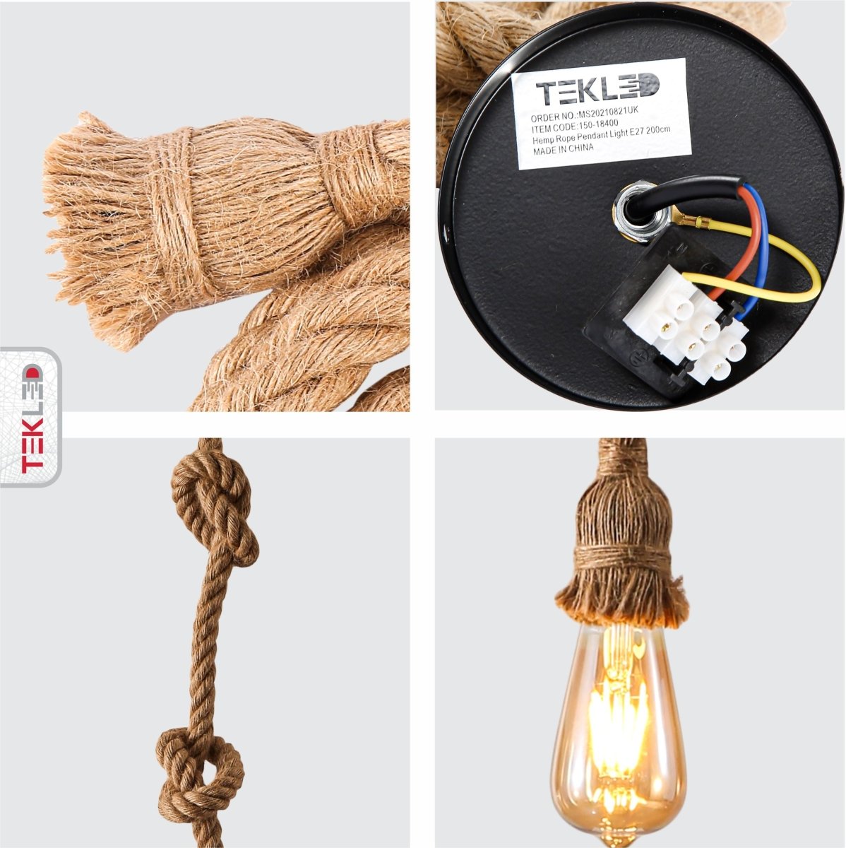 Detailed shots of Hemp Rope Pendant Light with E27 Fitting 200cm | TEKLED 150-18400