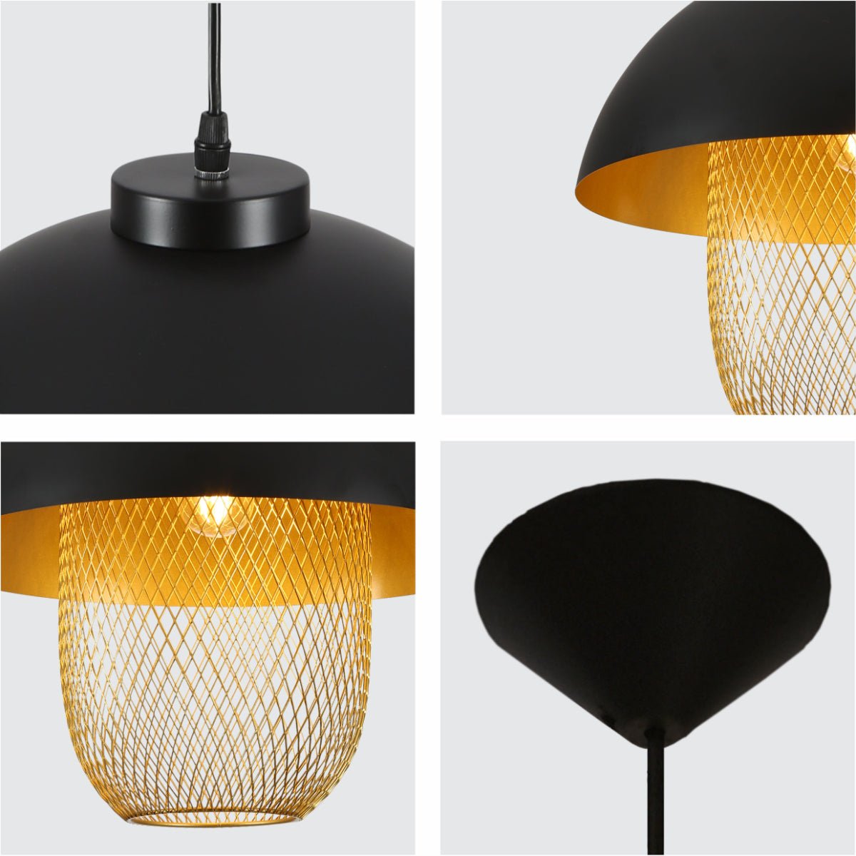 Detailed shots of Matte Gold Caged Shade with Black Dome Top Pendat Ceiling Light D340 with E27 Fitting | TEKLED 150-18306