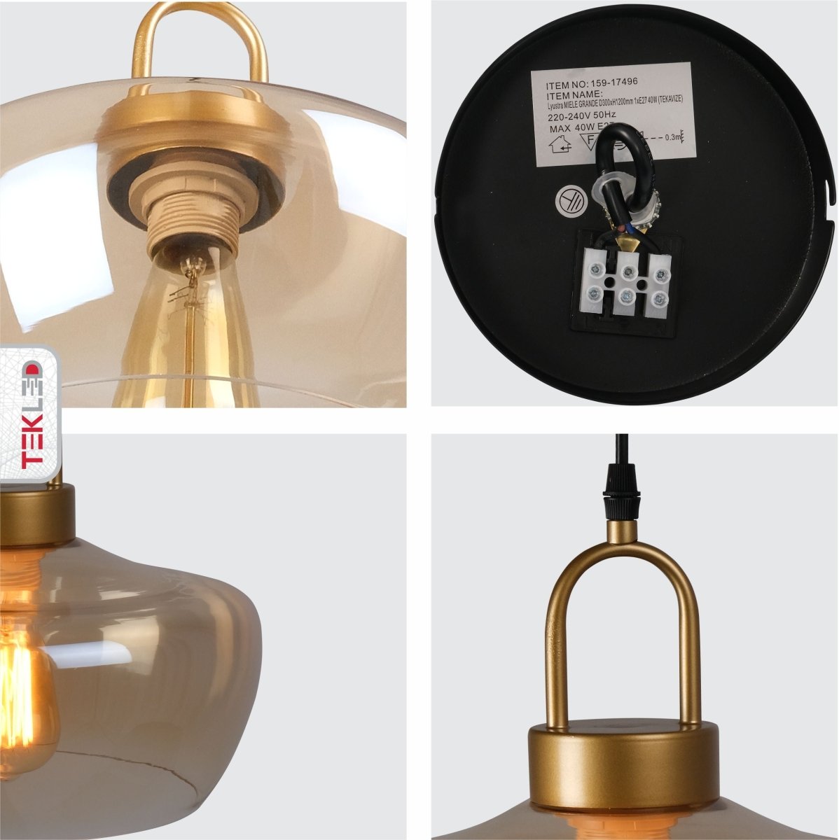 Detailed shots of Miele Grande Amber Glass Pendant Light with E27 Fitting | TEKLED 159-17496