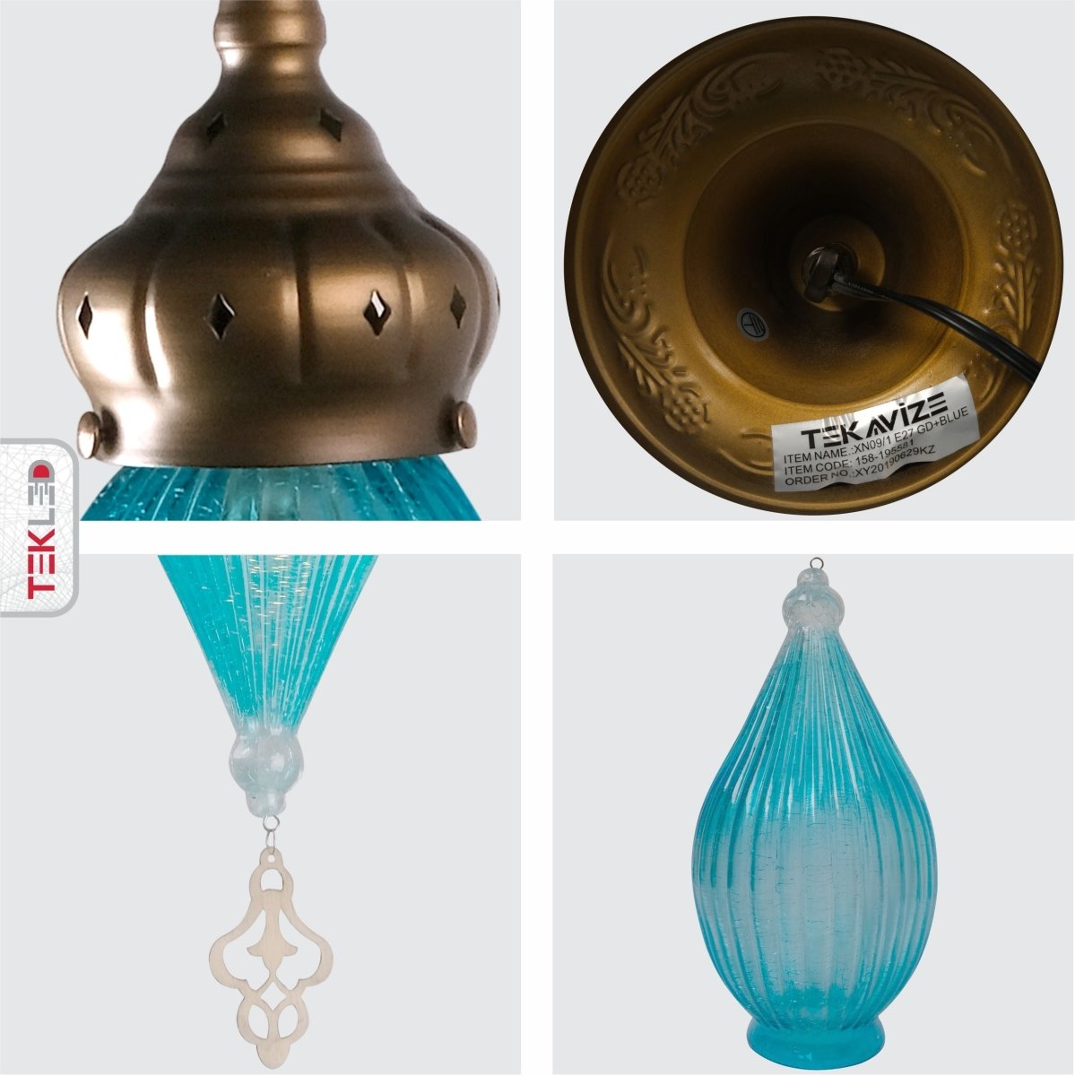 Detailed shots of Moroccan Style Antique Brass and Blue Glass Pendant Light E27 | TEKLED 158-195581