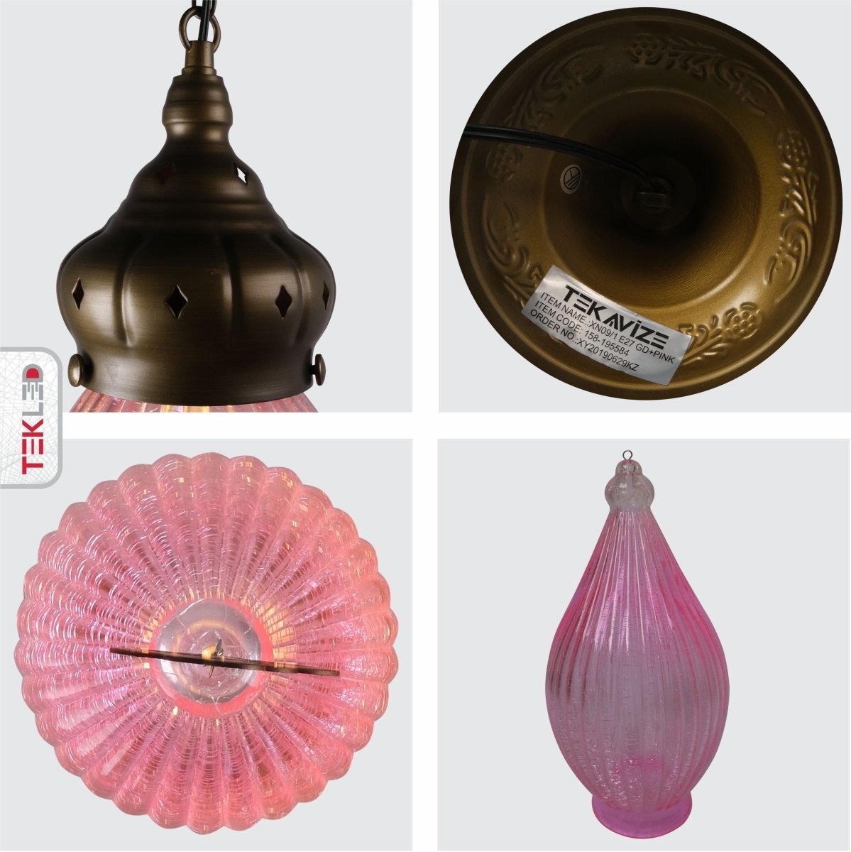 Detailed shots of Moroccan Style Antique Brass and Pink Glass Pendant Light E27 | TEKLED 158-195584