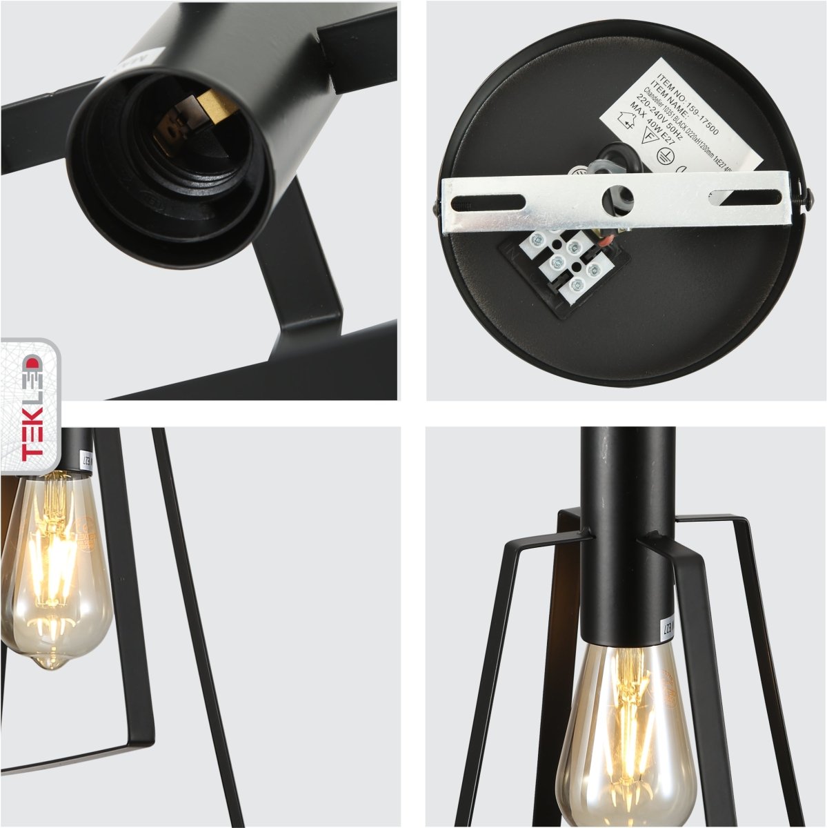 Detailed shots of Nordic Black Cage Pendant Light with E27 Fitting | TEKLED 159-17500