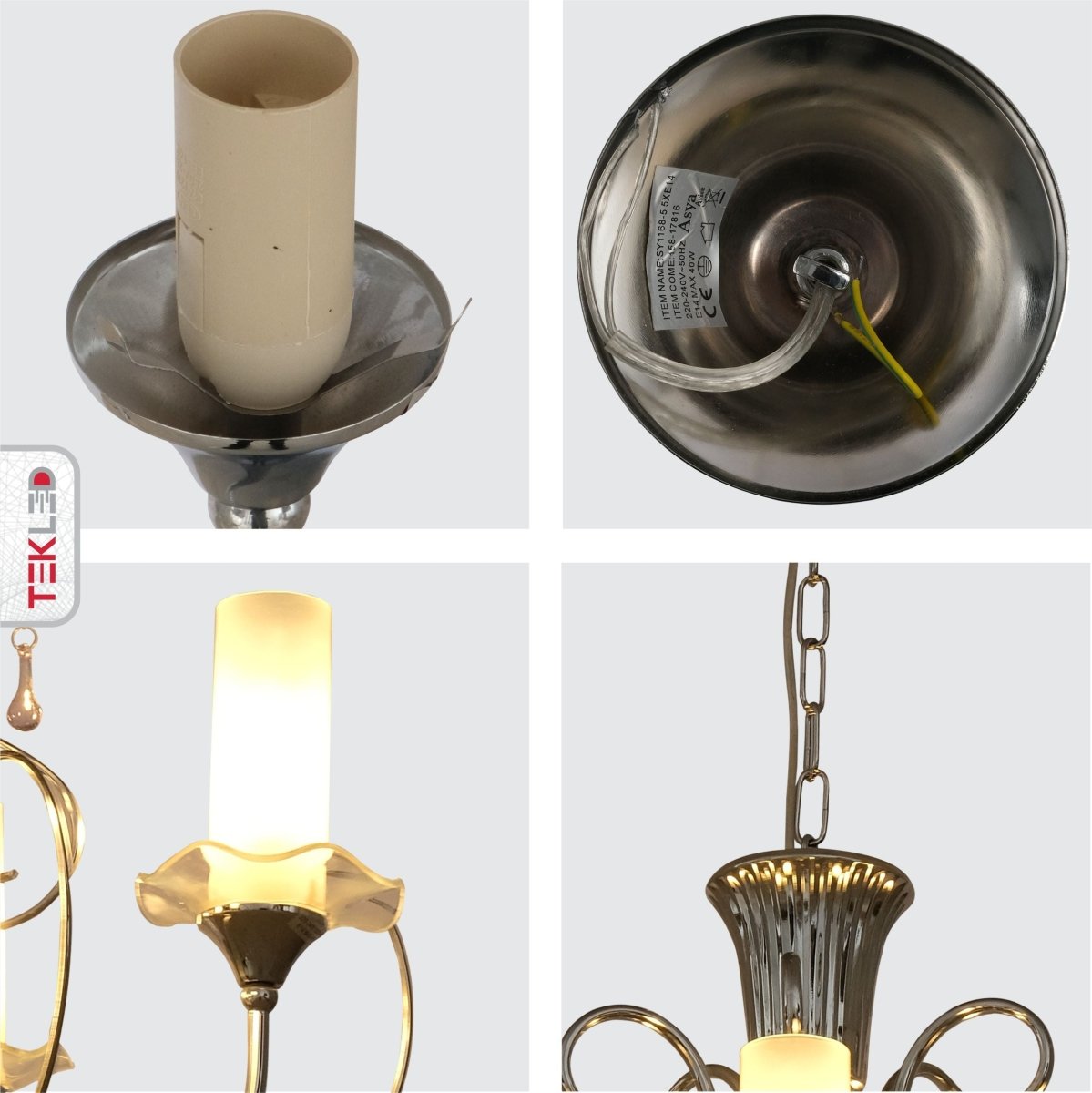 Detailed shots of Opal Cylinder Glass Chrome Metal 5 Arm Chandelier with 5xE14 Fitting | TEKLED 158-17816