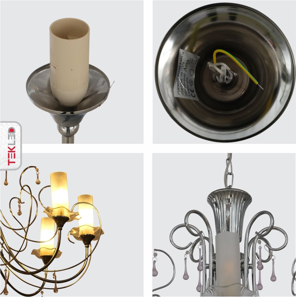 Detailed shots of Opal Cylinder Glass Chrome Metal 8 Arm Chandelier with 8xE14 Fitting | TEKLED 158-17818