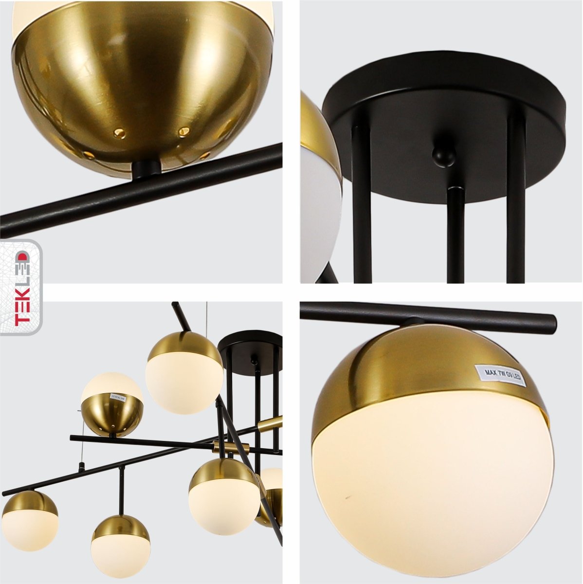 Detailed shots of Opal Globe Glass Gold Black Metal Body Modern Nordic Chandelier with 9xG9 Fittings | TEKLED 159-17540