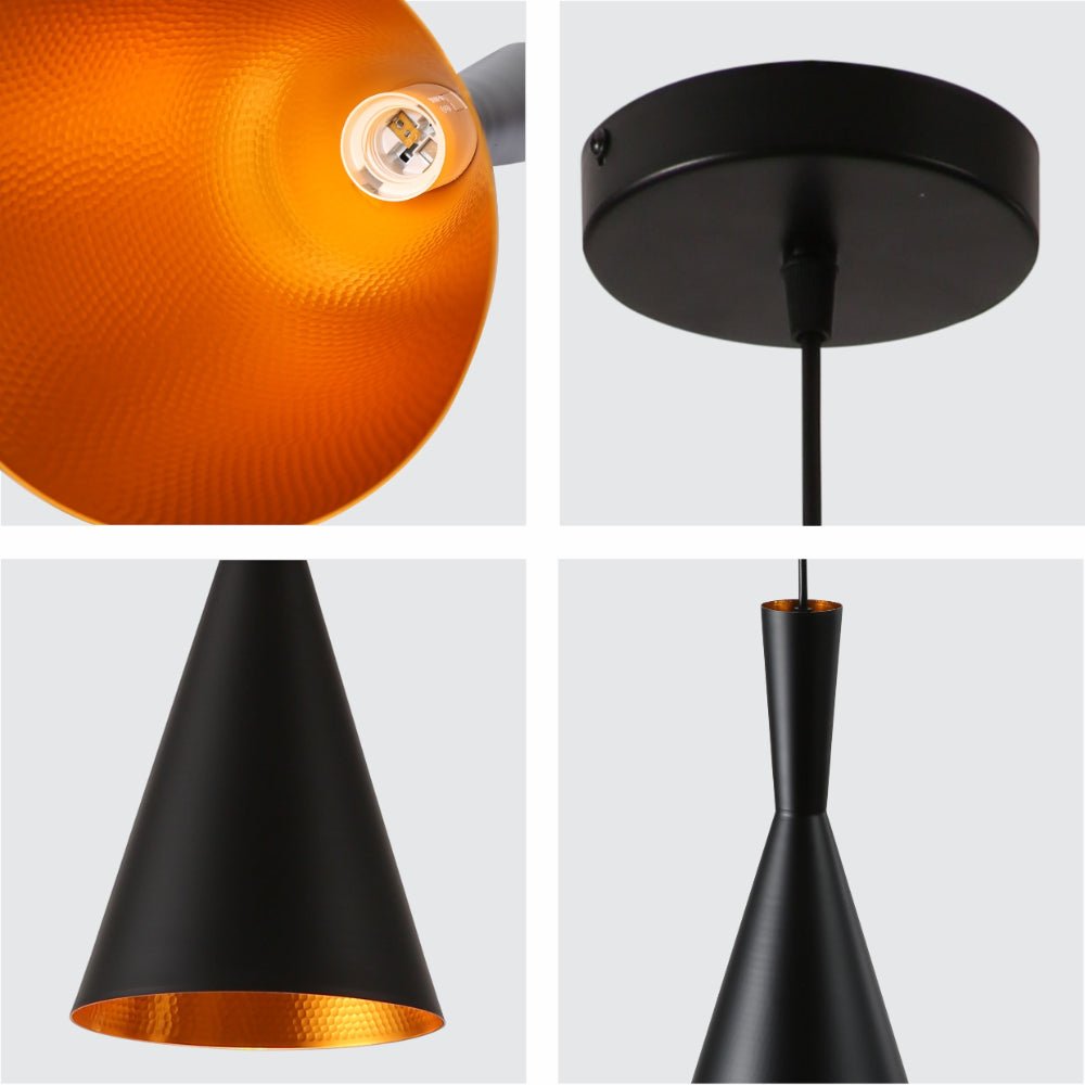 Detailed shots of Penn Cone Schoolhouse Orient Flat Black Gold Metal Pendant Ceiling Light E27 | TEKLED 150-17910