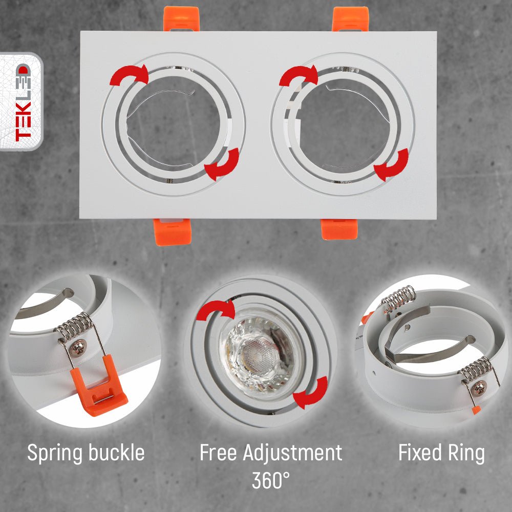 Detailed shots of Rectangle Recessed Tilt Downlight White with 2xGU10 Fitting | TEKLED 165-03886