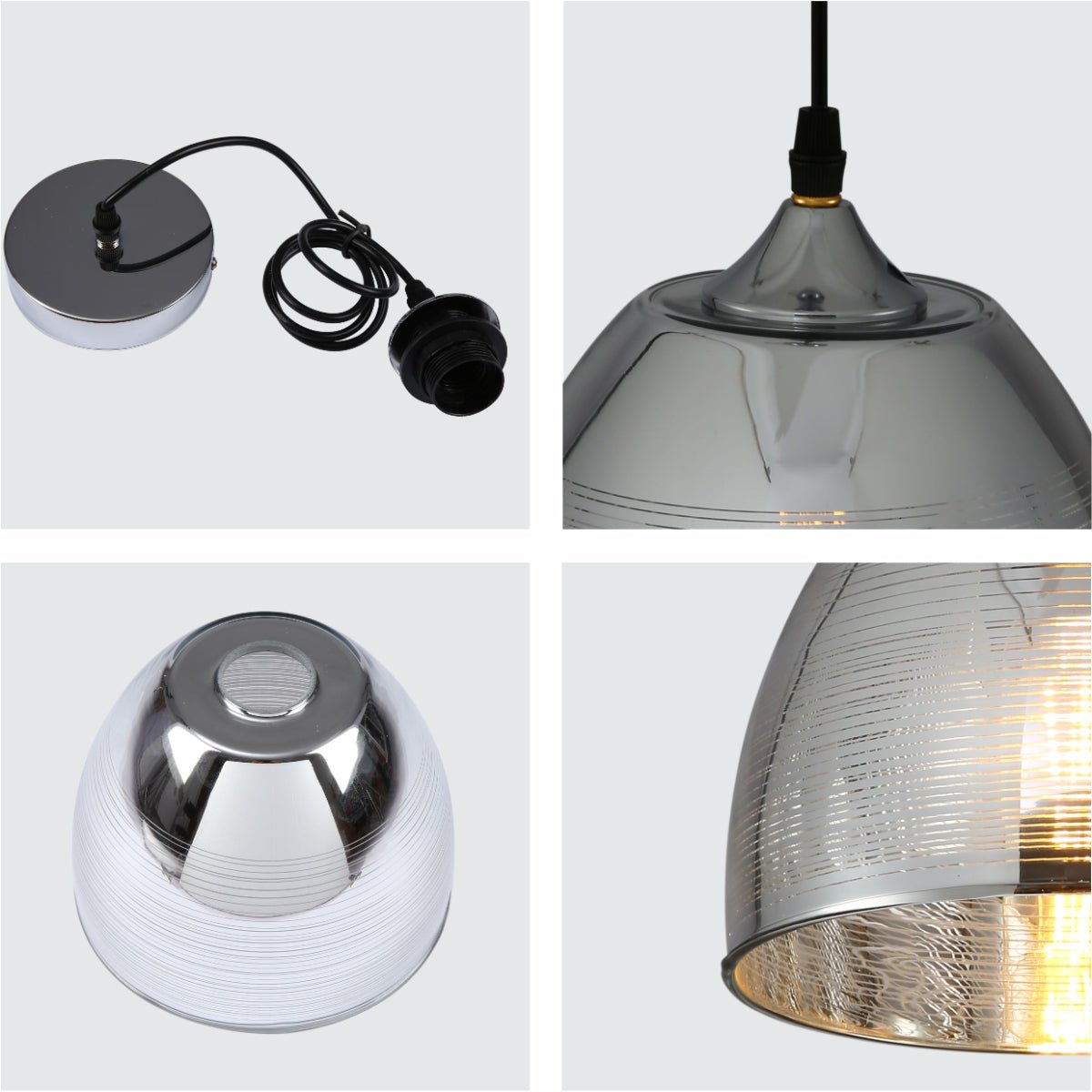 Detailed shots of Silver Grey Glass Dome Pendant Ceiling Light with E27 Fitting | TEKLED 150-18012