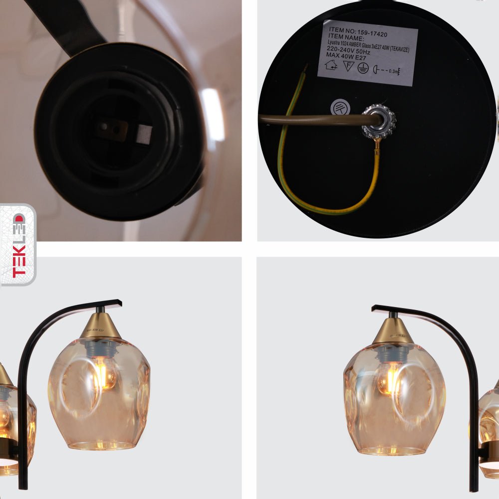 Detailed shots of Snowdrop Amber Glass Black Body Semi Flush Ceiling Light with 3xE27 Fittings | TEKLED 159-17420