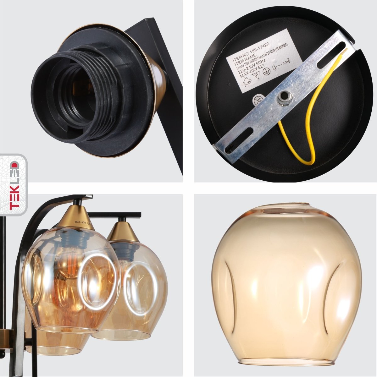 Detailed shots of Snowdrop Amber Glass Black Body Semi Flush Ceiling Light with 6xE27 Fittings | TEKLED 159-17422