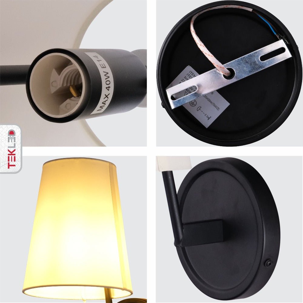 Detailed shots of White Fabric Black Metal Body Wall Light with E14 Fitting | TEKLED 151-19746